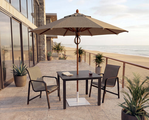 Woodard 9' Wood Market Umbrella with Pulley Lift in Teak Stain