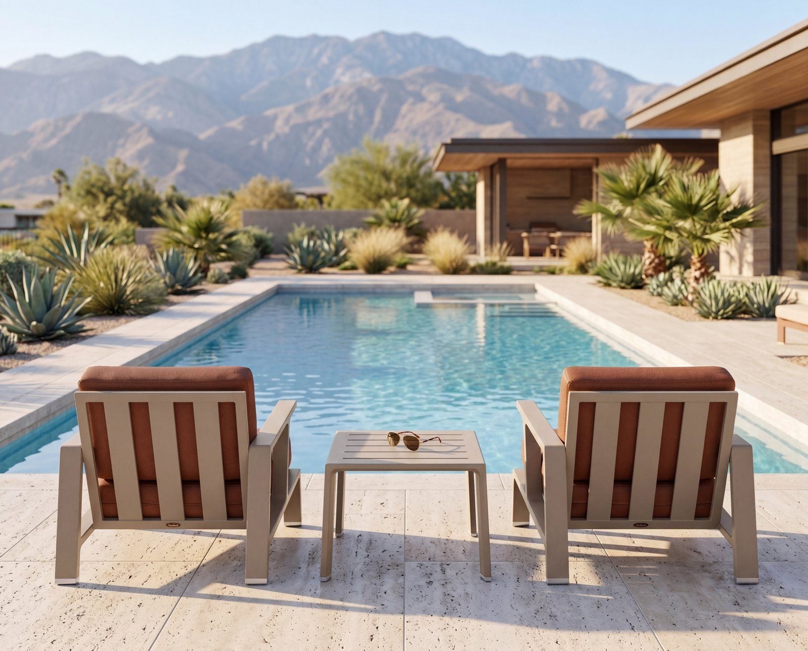 Elevation lounge chairs facing the pool